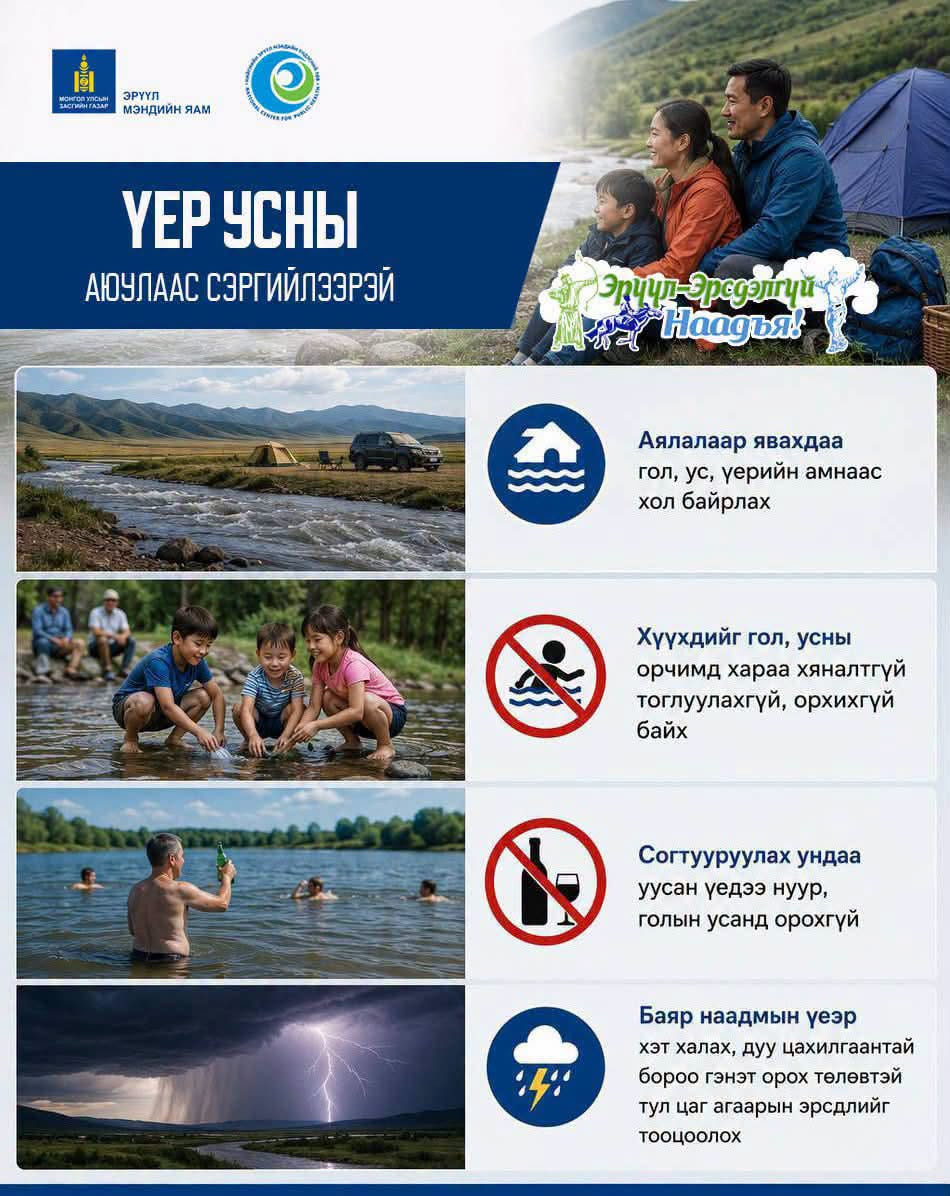  Баяр наадмын үеэр хэт халах, дуу цахилгаантай бороо гэнэт орох төлөвтэй тул үер усны аюулаас сэргийлээрэй!